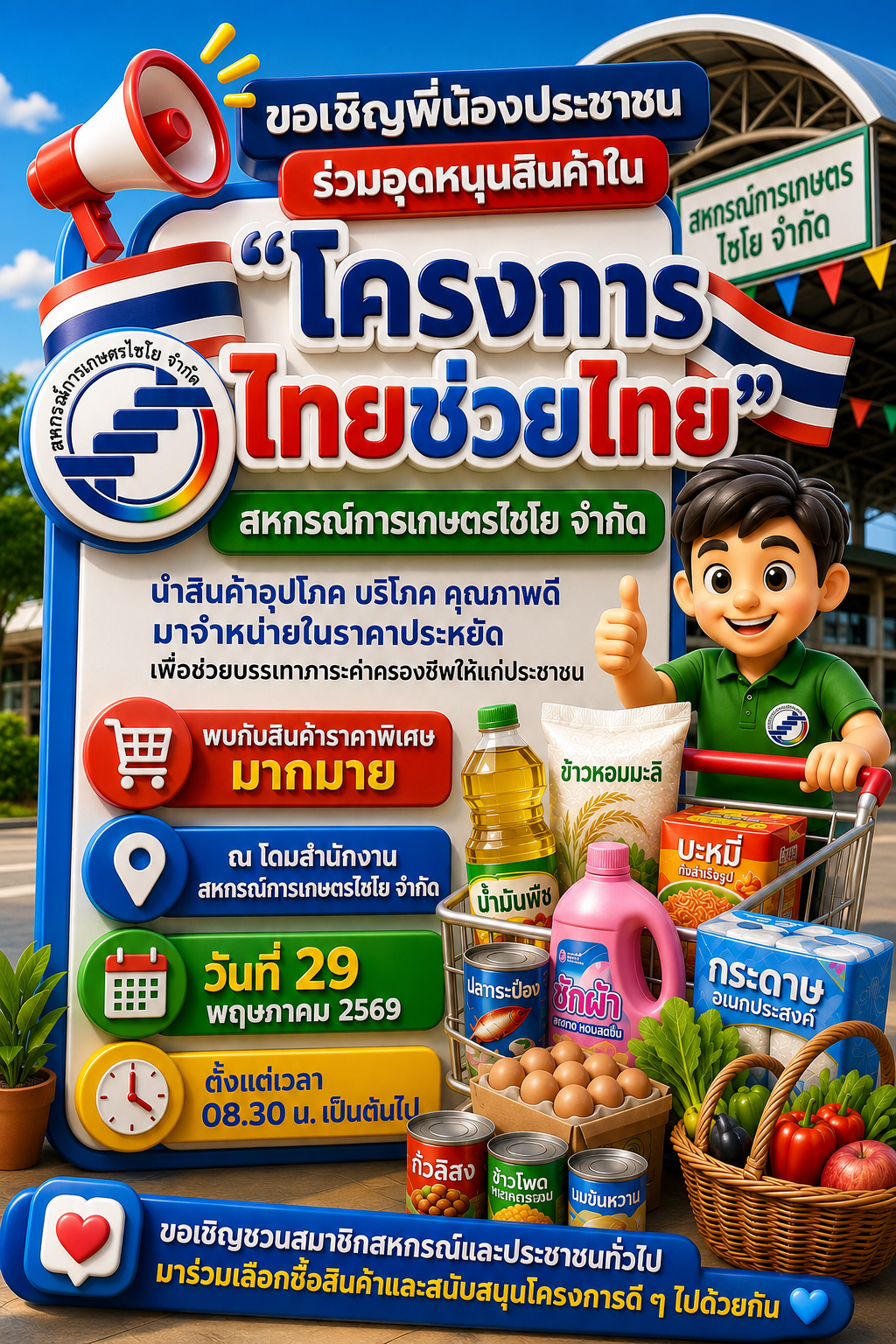 ?ขอเชิญสมาชิกสหกรณ์และประชาชนทั่วไป ร่วมอุดหนุนสินค้าใน “โครงการไทยช่วยไทย”วันที่ 29 พฤษภาคม 2569 ณ โดมสหกรณ์การเกษตรไชโย จำกัด
